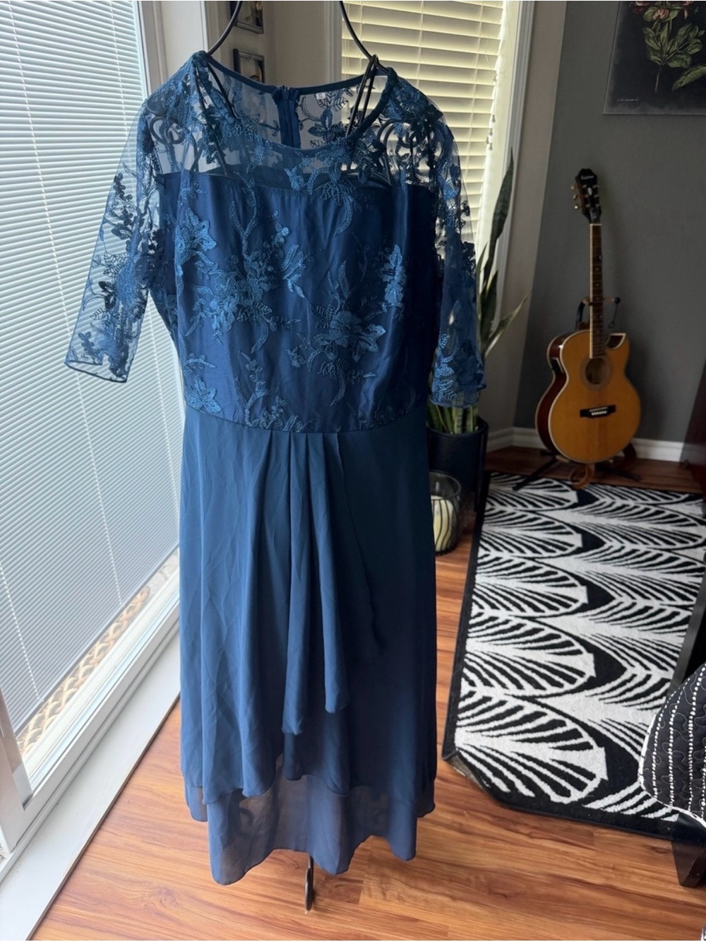 Elegant Navy Lace Overlay Midi Dress - Women